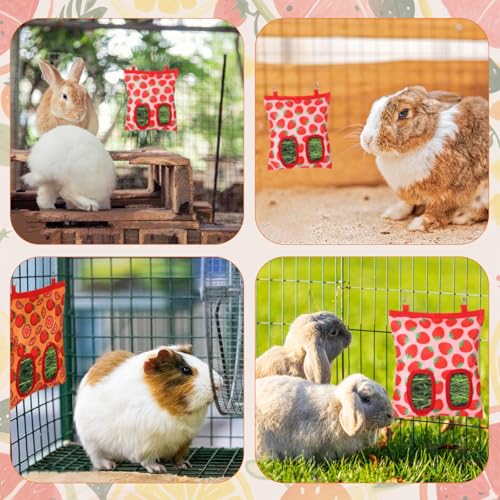 Rabbit Hay Feeder, 2 Hole Washable Hanging Hay Bag for Guinea Pig | Hay Holder for Guinea Pigs Rabbits Chinchilla Hamster Bunny Small Pets and Animal, Strawberry Pattern, 11x9.8inch - color: strawberry