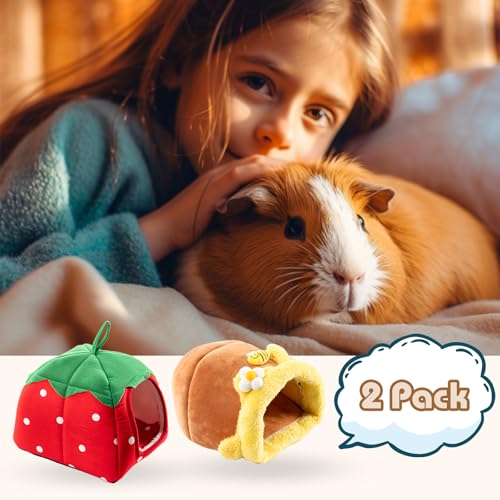 Avont 2 Pack Guinea Pig Tunnel & Hideout, Small Animal Bed | Soft Washable Fleece Hideout for Guinea Pigs, Chinchillas & Hamsters - Fruit or Animal Shape
