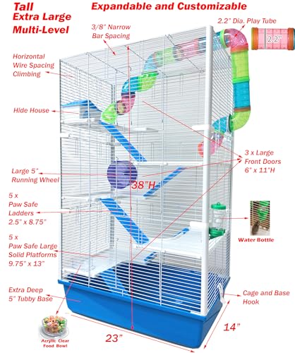 Extra Large High Tower Multi-Tiers Easy Setup Hamster Palace Gerbil Habitat Mouse House Mice Critters Home Cage with Complete Set of Accessories Expandable and Customizable Deep Tubby Base