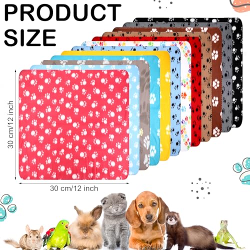 Tegeme 12 Pcs Fleece Pet Blankets Paw Print Dog Cat Bedding, 12 x 12 Inches | Soft Warm Sleep Mats, Paw Print Design Cage Liner Sleep Mat Pad for Puppy, Kitten, Small Animals, Cage Liner, Bedding Cover - size: 12 x 12 inches