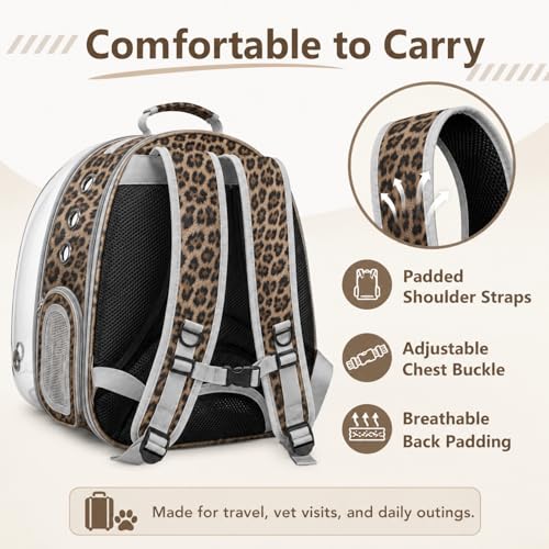 Expandable Cat Carrier Backpack with Bubble Window, Animal Print | Breathable mesh, anti-collapse frame, side door, safety leash and escape-resistant zippers for vet visits and outdoor travel. - color: Leopard Print