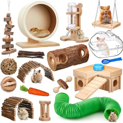 19 Pcs Hamster Cage Accessories & Habitat Set, Wooden Silent Exercise Wheel Wood Hide Out Tree Trunk Tunnel Tube Water Bottle Set Sand Bath Bowl Chew Toys for Dwarf Hamster Gerbil Mouse