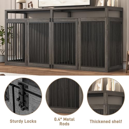 87In Farmhouse Dog Crate TV Stand, Wooden Dog Kennel Furniture with 2 Doors, Large Dog Crate Furniture for 2 Dogs, Solid Metal Tube & 4 Lockable Doors, Grey - color: Grey