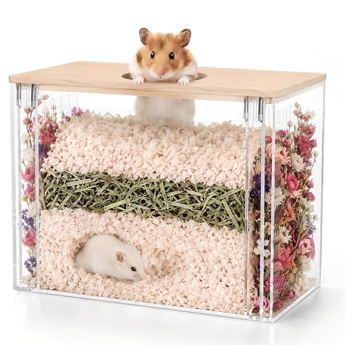Fully Detachable Hamster Digging Box, Removable Acrylic Panels & Wooden Lid, Extra Deep Clear Panoramic Burrow, Dual-Side DIY Habitat, M Size for Syrian Hamsters, Gerbils, Degus - size: 8.7"L x 6.1"W x 6.3"H