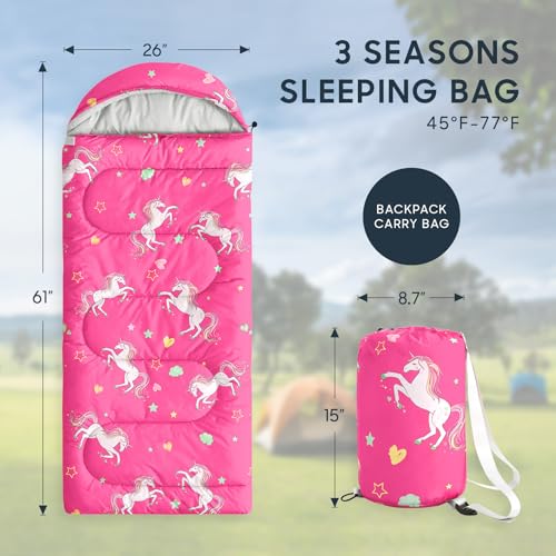 Wake In Cloud - Kids Sleeping Bag for Girls Toddlers, Camping in Warm Cold Weather, Backpacking Lightweight Compact Outdoor Liner for 3 Seasons, Unicorns Stars Hearts - color: Hot Pink