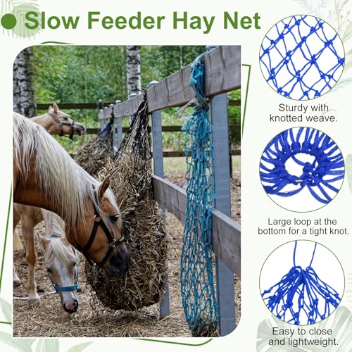 Slow Feeder Hay Net, 40" Length 2" Holes Strong Load-Bearing, Nylon Slow Feed Bag Hay Feeder, (Blue, 2 Pcs), Intended for Horses/Goats/Trailer/Stall - color: Blue