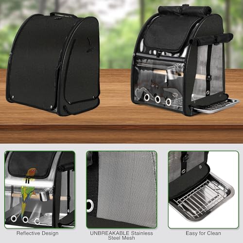 Bird Carrier Bag with Indestructible Stainless Steel Mesh, Bird Travel Cage with Stand, Easy to Clean Backpack for Parrot, Portable Bird Travel Bag, Black - color: Black