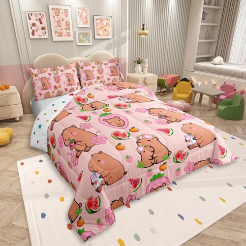 Capybara Lover Bedding Set, Capybaras Decor Comforter Set Twin For Kids Girls Bedroom, Cartoon Rodent Animals Quilted Duvet Capybara Decorations Watermelon Strawberry Duvet Insert Kawaii Decor, Pink - color: Multi 13, size: Twin