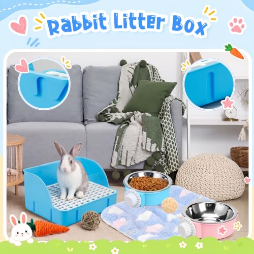 Reallnaive 15 Pcs Rabbit Starter Kit Small Rabbit Litter Box Girls Gift Animal Grooming Kit Bunny Toys Bowl Blankets with Cleaning Set for Guinea Pig Accessories(Bright Blue) - color: Bright Blue