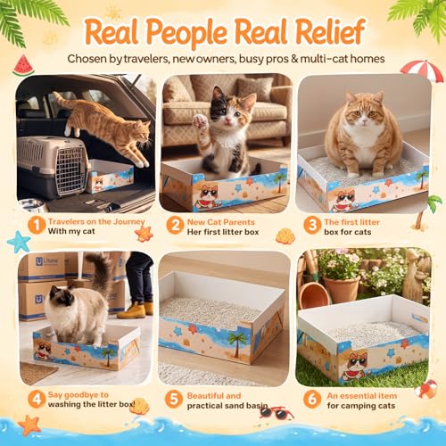 Domensi 10 Pack Travel Litter Box for Cats, Summer Portable Litter Box, Disposable Foldable Waterproof Cardboard Temporary Use Cartoon Cute Beach Theme for Kittens Rabbits Pigs, Gift for Cat Lovers