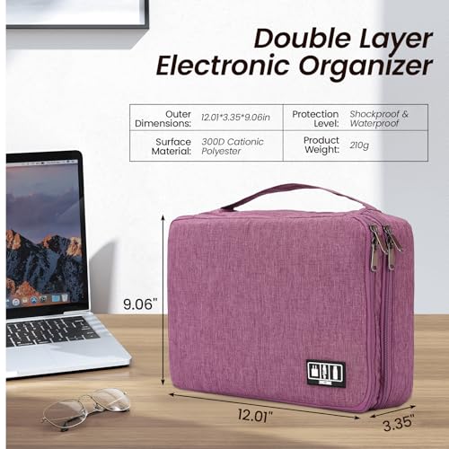 Electronic Organizer Travel Case, Double Layer Cable Organizer Bag | Double-layer design with adjustable dividers, mesh pockets and elastic loops for chargers, cables, power banks and gadgets - color: purple