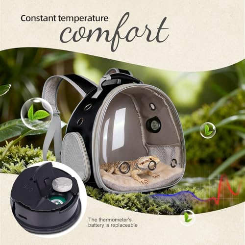 Reptile Travel Backpack Carrier with Reptile Thermometer and Humidity Gauge & Harness Leash Lizard Travel Cage Space Capsule Clear Bubble Window Astronaut Bearded Dragon Bag for Ball Python - color: Black