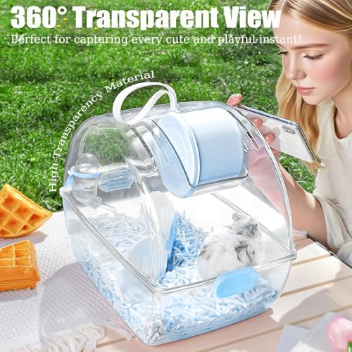 Small Portable Hamster Cages,Big Size(13×8.2×10.8'') Hamster Carrier with Water Bottle,Dwarf Hamster Travel Cage with Storage Box,360º Transparent Acrylic Pet Travel Carrier,Mouse Gerbil Cage(Blue)