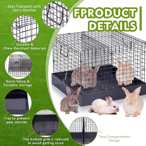 DoubleFill 2 Hole Folding Rabbit Transport Cage, Portable 18 x 18 x 14 in Black Bunny Carrier with Tray and Handles for Travel or Temporary Housing, Indoor Outdoor Pet Habitat Animal Enclosure