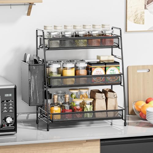 EKNITEY Bathroom Countertop Organizer Shelf - 3 Tier Counter Spice Rack | Metal, Removable Basket, Non-Slip Base, Makeup Rack, Small Coffee Station Organizer, for Sink Bedroom Kitchen Living room - color: Black with Basket