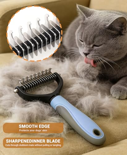 Double Sided Dematting Comb for Dogs & Cats - 2-in-1 Undercoat Rake & Double Coat Dog Brush, Pet Grooming Tool for Removing Mats & Deshedding (Blue) - size: Pet Grooming Comb