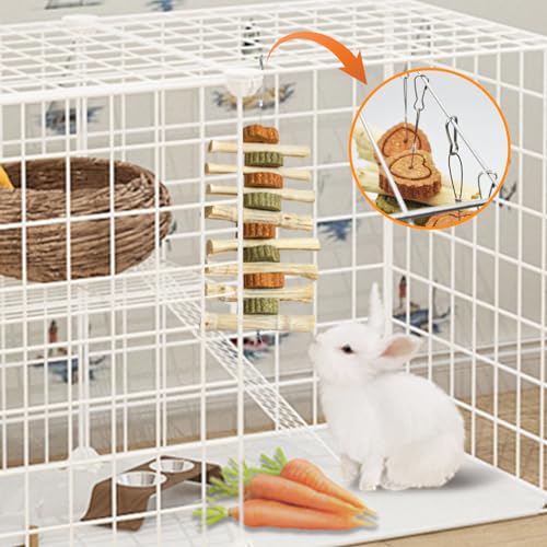 4 PCS Rabbit Chew Toys for Teeth Grinding, Delicious Bunny Cage Hanging Chew Toys, Natural Sweet Bamboo Chew Sticks and Timothy Grass Cake Hay Treats Maintaining Healthy Teeth for Rabbits