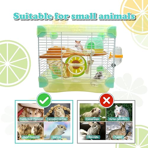 2 Layers Hamster Cage with Tubes Mouse Cage with Accessories Water Bottle Food Dish Transparent Hamster Habitat with Exercise Wheel for Hamster Guinea Pig Gerbil (10.9" x 8.1" x 9.8" Yellow) - color: 【Yellow】