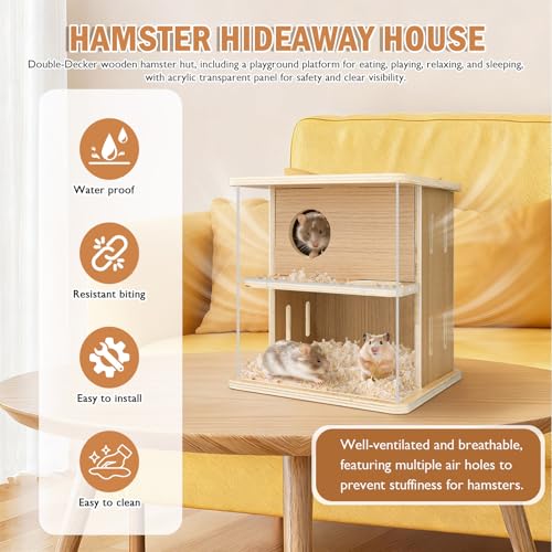 Double-Decker Hamster Hides with Acrylic Viewing Panels, Wooden Hamster Hideout for Syrian Hamsters Gerbils, Detachable Mouse House (Natural Color)