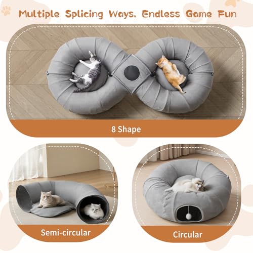 Pawaboo 2-in-1 Cat Tunnel Bed, 8-Shaped Cat Tunnels, Grey | Foldable Cats Cave Hideout Kitty Toys with Fluffy Balls, Donut Tunnel for Kitten Rabbit Ferret - color: Gray, size: 68.9 x 31.5 x 11.8in