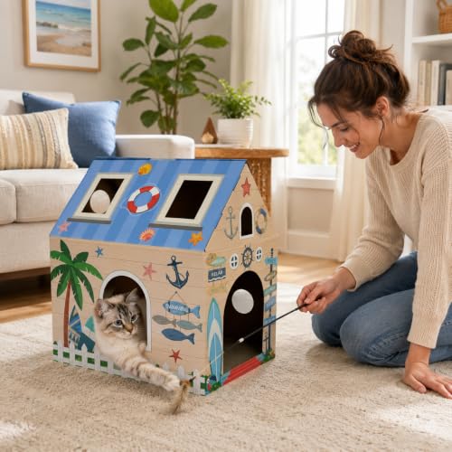Cinrobiye Cardboard Cat House with Scratcher, Indoor Cat Condo Cat Cave Hideout with Scratch Pad, Cardboard Cat Playhouse Bed for Cats, Kittens, Rabbits & Small Pets (Seaside) - color: Seaside