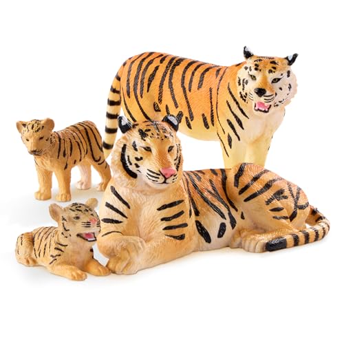 Terra by Battat Tiger Family Animal Figures, 4-Piece Safari Set, Animals | Plastic tiger family with 2 adult tigers and 2 tiger cubs that stand on their own paws for zoo, jungle, and safari, 3+ Years - style: Tiger Family