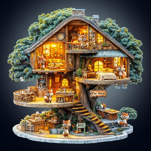 WOODBESTS Wooden Puzzles for Adults (270 Piece, L, 13.4 * 13.4in) Fox House Wood Puzzle Adult, Unique Wooden Animal Jigsaw Puzzles, Family Game and Birthday Gifts for Friend - size: Large