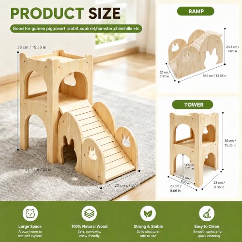 Large Bunny Hideout Wooden Bunny House with Ramp Rabbit Castle(Set of 2) | solid wood guinea pig hideout chinchilla house with detachable panels,rabbit hide with ramp hideaways and climbing areas - style: Set of 2