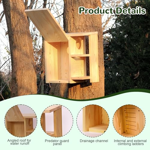 Widened Large Wooden Squirrel House Outdoor | External Platform & Porch, Squirrel Nesting Box, Squirrel Boxes for Outside, Chipmunk Houses, Easy Assembly - size: Large