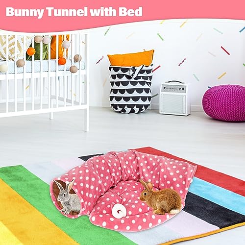 BWOGUE Bunny Tunnel Bed, 2-in-1 Collapsible Rabbit Tunnel Hideout with Mat | Rabbit Tunnel for Indoor Bunnies, 46.8 in Length, Removable Mat for Rest, Ball Toy for Play, Rabbits and Guinea Pigs - color: Pink