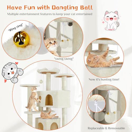 Sweetcrispy 54-Inch Cat Tree Tower – Multi-Level with Sisal Scratching Post, Perfect Pet Gift, Indoor Condo with Climbing Ladder, Plush Toy, and More Animal Stuff, Beige | Multi-Level with Indoor Cat Condo with Climbing Ladder, Plush Toy, Play House for P