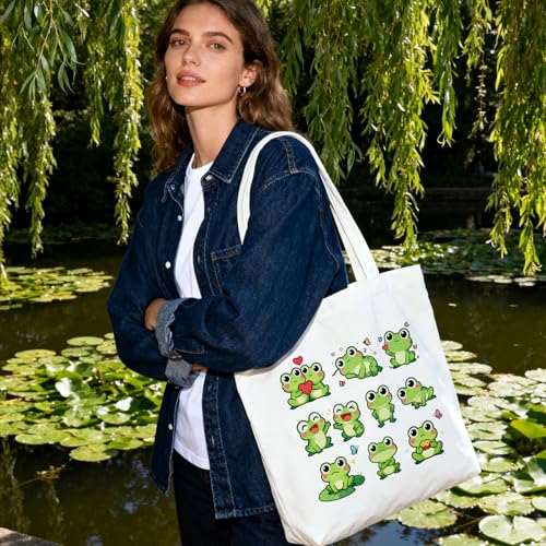 ANATTASOUL Canvas Tote Bag Reusable Cotton Bag for Women, Large 14.96"x 15.74" Cloth Shoulder Bags with Zipper Pockets - style: Frog