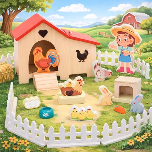 HAPGFS Wooden Dollhouse Animal Set - Realistic Mini Chicken Coop with Farmer Farm Playset - Educational Dollhouse Accessories Farm Toys for Toddlers - Montessori Pretend Play Gift for Kids Ages 3+