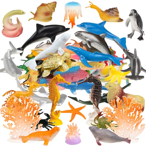50 Pack Assorted Mini Vinyl Plastic Ocean Sea Animal Figures Toy Set, Realistic Under The Sea Life Figure Bath Gift for Child Educational Kids Party Cake Cupcake Topper