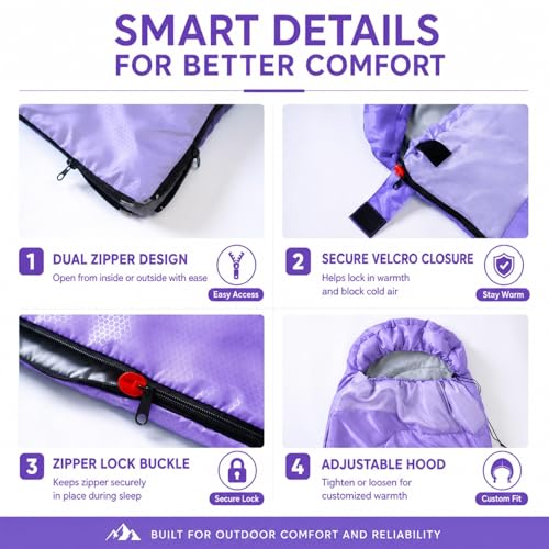 Sleeping Bags for Adults & Kids, Lightweight Camping Sleeping Bag | Waterproof Backpacking Sleeping Bag for Girls, Boys & Teens, Warm 3-Season Design for Hiking, Camping & Outdoor Travel - color: 4.4lb-Purple