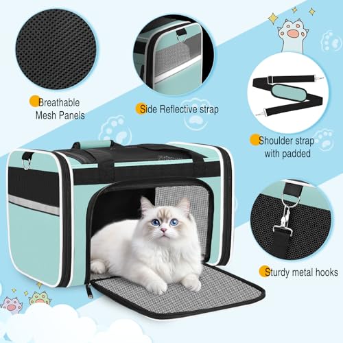 HUANLANG Large Cat Carrier Travel Soft Sided Pet Carrier Airline Approved | Dog Carriers for Small Dogs Medium Cats,Collapsible,3 Storage,zipper lock,Reflective strips,Luggage Strap, Up to 15 Lbs - color: Green