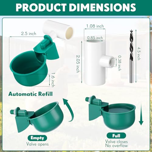 LemonRoad 30 Set Automatic Chicken Waterer Cups with 1/2" PVC Tee Fitting Chicken Drinking Bowl, Water Dispenser Feeder Poultry Drinker Mounting Hole Opener for Duck, Goose, Pigeon(Dark Green) - color: Dark Green