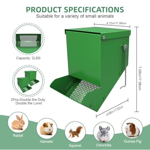 2 Packs Hay Feeder Rabbit, Metal Small Animal Feeder with Lid & Mesh Bottom, 4.7 Inch 2 LBS Capacity, Gravity Food Dispenser for Guinea Pigs Chinchillas, Cage or Outdoor Use, Green - size: 4.7 Inch (2Pcs)