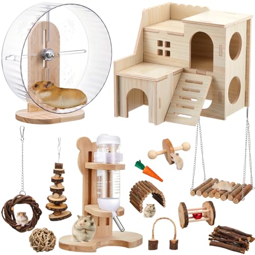 18 Pcs Hamster Accessories for Cages 10 Kinds Hamster Toys Set | Silent Hamster Wheel Maze Wood House Water Bottle Set for Rat Mice Small Animals Habitat Decor Enrichment(Mixed Play Form) - style: Mixed Play Style