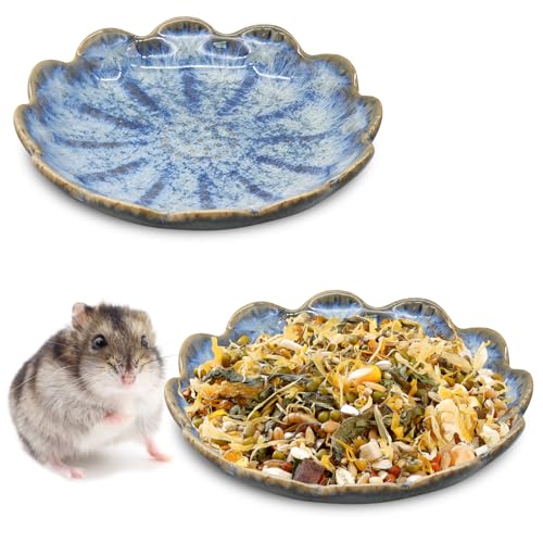 BNOSDM Shallow Ceramic Hamster Food Dish 2 Pcs Small Animals Food Bowl Sunflower Feeding Dishes for Gerbils Mice Rats 4.5in (Dark Blue) - color: Dark Blue