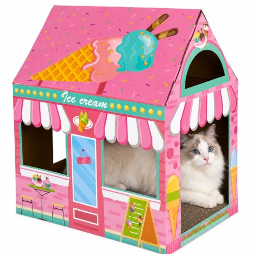 Cinrobiye Cardboard Cat House with Scratcher, Indoor Cat Condo Cat Cave Hideout with Scratch Pad, Cardboard Cat Playhouse Bed for Cats, Kittens, Rabbits & Small Pets (Ice Cream) - color: Ice cream