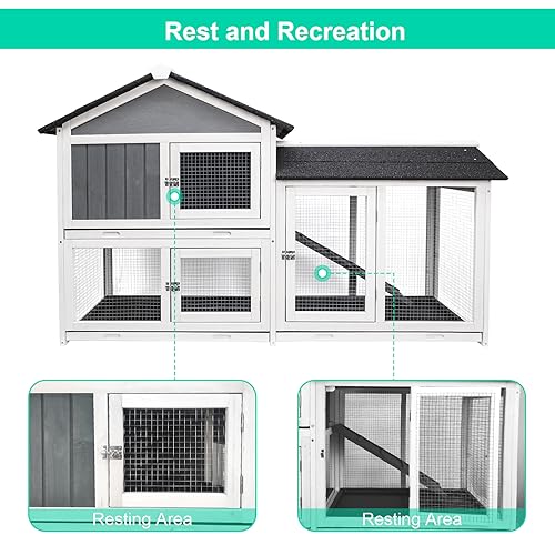 Lifeand Upgraded 61''L Deluxe Multi-Level Rabbit Hutch with Pull Out Tray, Ramp, Lockable Doors,Wooden Small Animal House,Outdoor or Indoor,Gray+White (Gray+White)