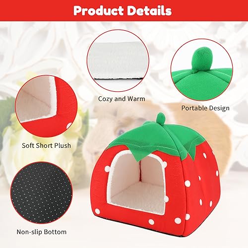 BWOGUE Guinea Pig Bed Hideout, Washable Hamster Cave for Small Animals | Removable Cushion for Cleaning, Warm Fleece Nest, Washable Bed, 10 x 9.8 x 9 in, Dwarf Rabbits Hedgehogs - color: Strawberry Red