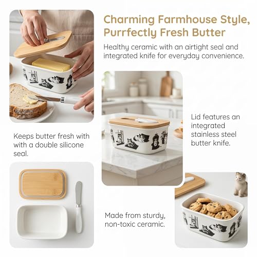 Cute Cat Kitten Print Ceramic Butter Dish with Bamboo Lid & Butter Knife, Covered Butter Container, Butter Keeper Fits Standard Western Butter Stick for Kitchen Countertop Fridge Storage - color: funny cat