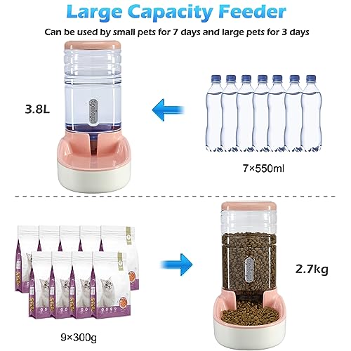 Automatic Dog Cat Feeder and Water Dispenser Gravity Food Feeder and Waterer Set with Pet Food Bowl for Small Medium Dog Puppy Kitten, Large Capacity 1 Gallon x 2(Pink) - color: Pink