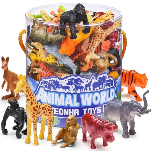 60 Piece Animal Figures with Gift Box, Safari Jungle Animal Figurines | Realistic Small Plastic Animal Figure Sensory Bins, Jungle Party Favors, Cupcake Topper, School Education, Birthday Gifts for