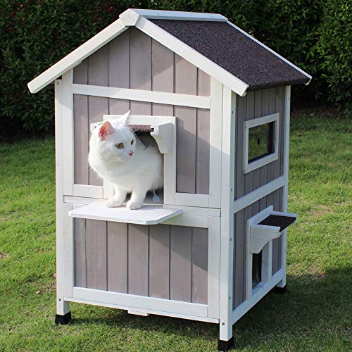 Rockever 2-Layer Outdoor Cat House, Weatherproof Wooden Outside Cat Shelter | Weatherproof grey wooden shelter with escape door, roomy resting spaces and secure protection for feral and outdoor cats