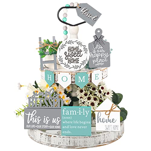 FairySandy 11 pcs Home Tiered Tray Decor This is us Rustic Farmhouse Tiered Tray Decorations Set Home Wooden Signs Vintage Farm Animal Farmhouse Tabletop Wood Signs for Kitchen Table Shelf Decor - style: Minimalist