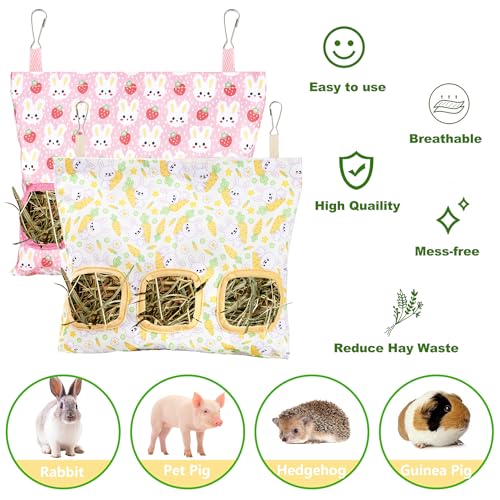 Lesnala 2 Pcs Canvas Hanging Bunny Hay Feeder Bags 3 Holes 2 Styles | Rabbit hay feeder Bag, Guinea Pig Hay Bag, Large Capacity Cotton Canvas Fabric, for Chinchillas Hamsters & Other Small Pets - color: Rabbit pattern
