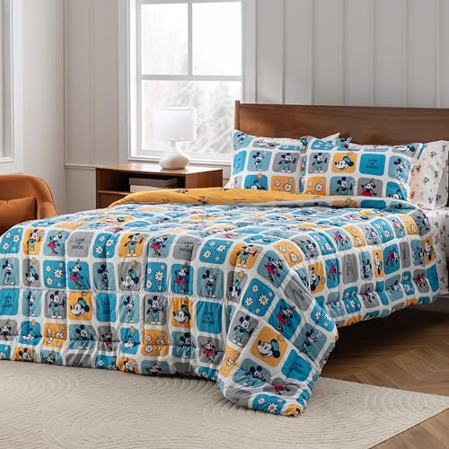 Berkshire LIG Printed Reversible Microfiber Comforter Set–7-Piece, Ultra Soft All-Season Bedding, Wrinkle & Fade Resistant, Full, Steamboat Willie Boxes Extra Large Blue - color: Steamboat Willie Boxes Extra Large Blue, size: Full